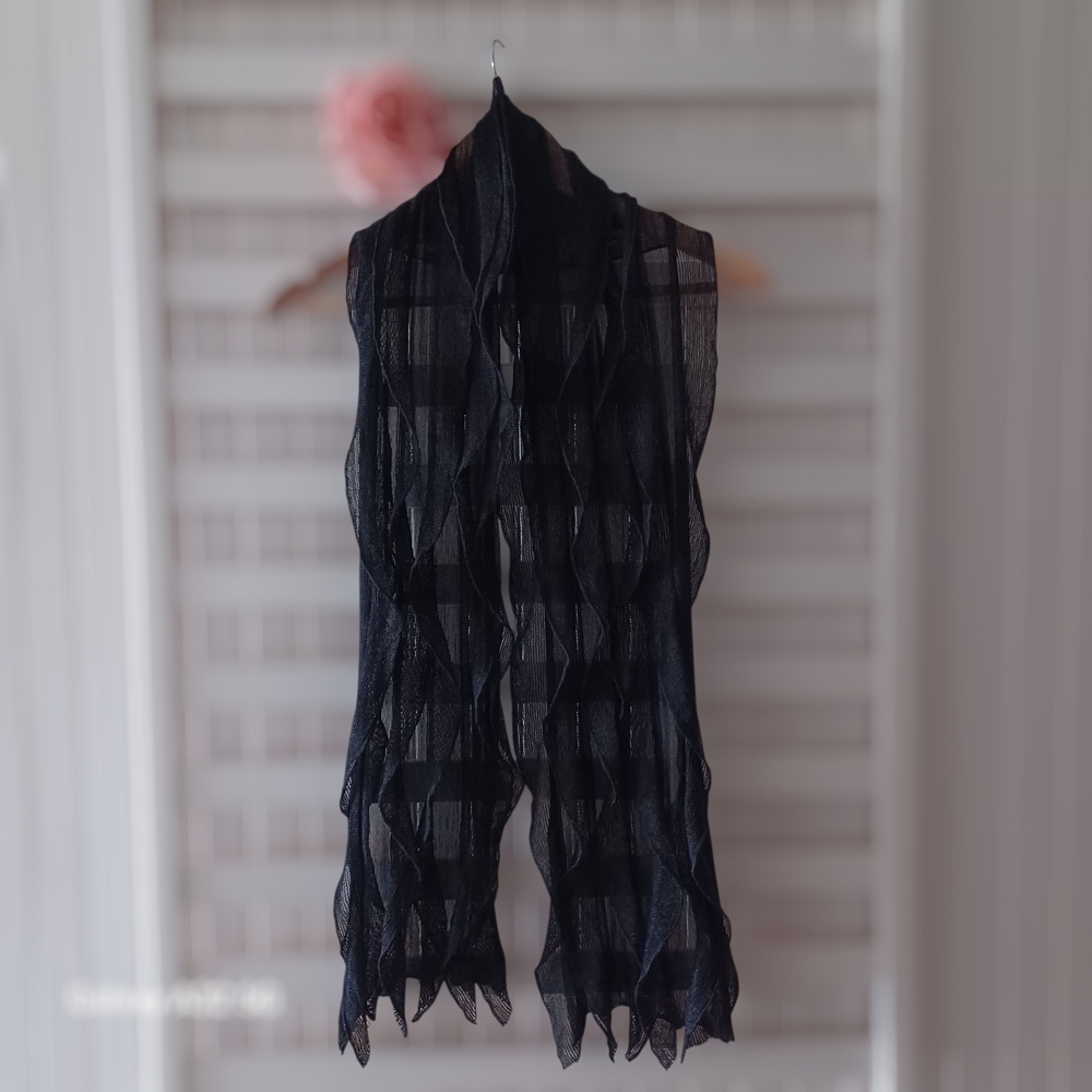 Elegant Black Cascade Mesh Delicate Knit Scarf.